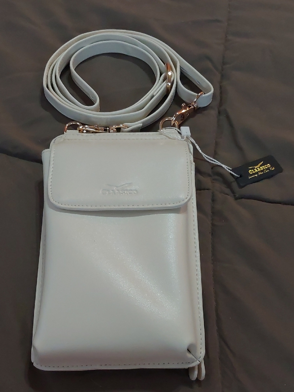 Claasico White Leather Crossbody Phone Pouch with Adjustable Strap